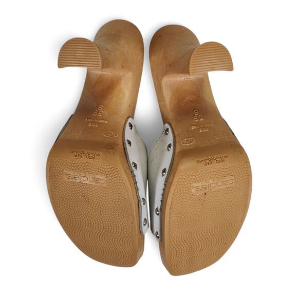 Vintage 1980s Candies White Leather Wooden Platform Mules Heels Sandals Studded - Picture 2 of 13